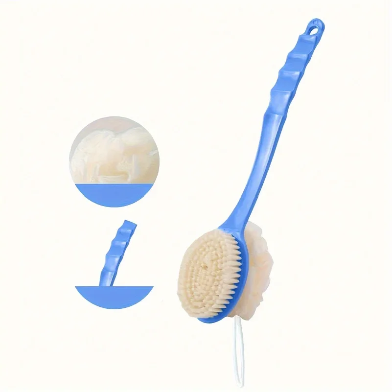 1 soft loofah brush and bristle bath body brush with curved long handle - odorless, manual exfoliating scrub suitable for full