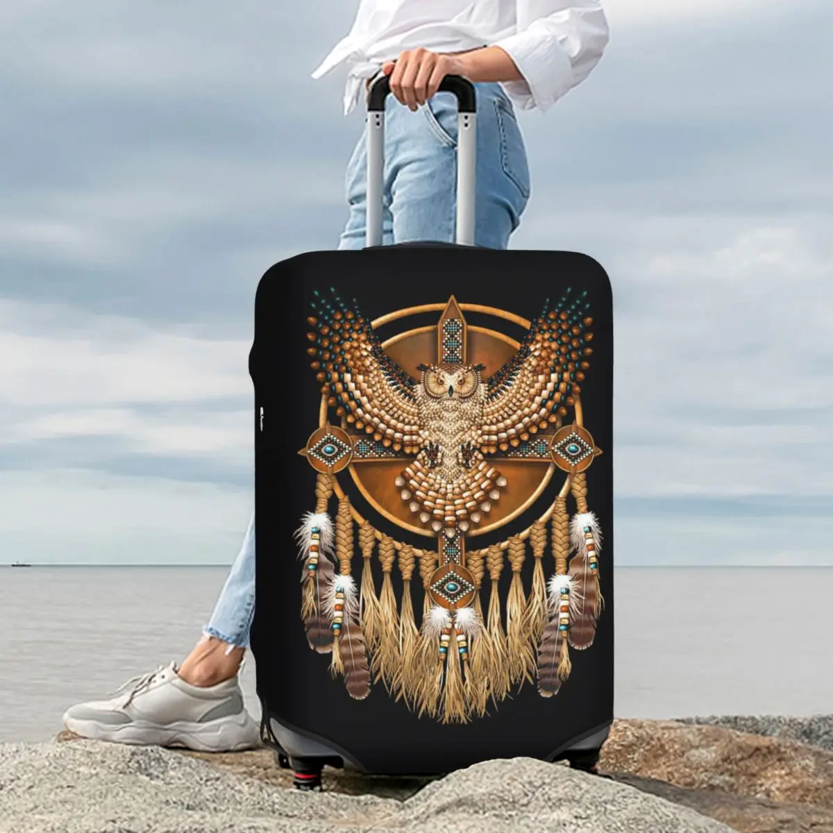 

Native Mandala Owl American Suitcase Cover Protection Elastic Travel Luggage Protector Covers for 18-32 Inch