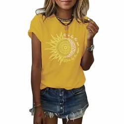 T-Shirts Woman 2024 Summer Vintage Casual Short Sleeve Tees Fashions Moon And Sun Printed Graphic Solid Color Women's T-Shirt