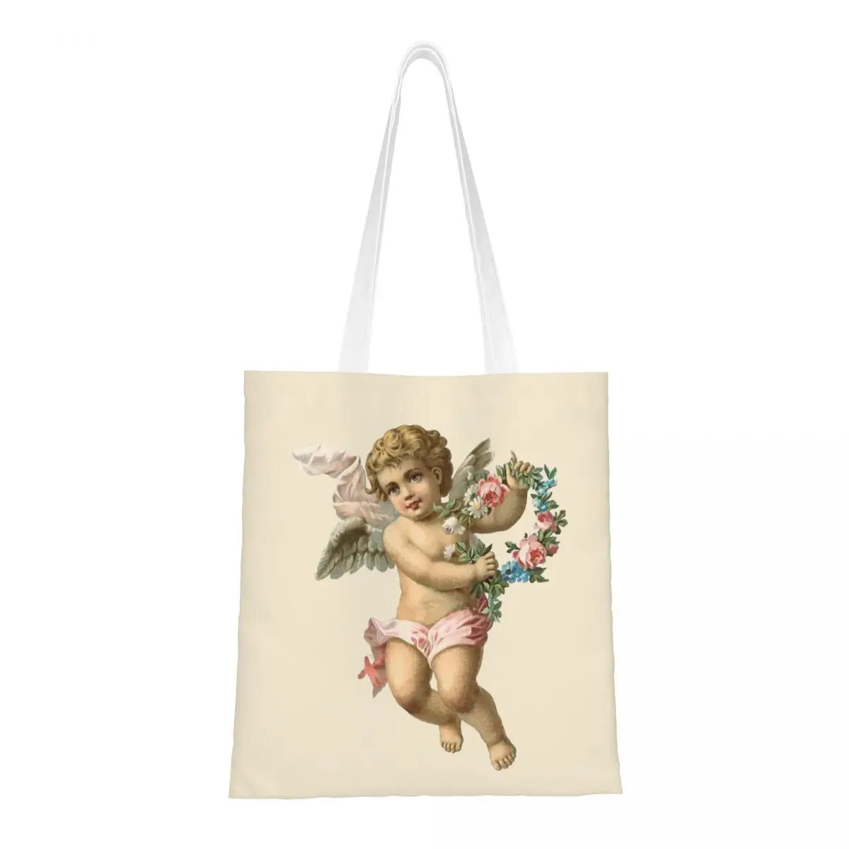 Vintage Cherub Angelic Angel With Flowers Canvas Tote Bag Fashion Large Capacity Grocery Bag for Women School Bags