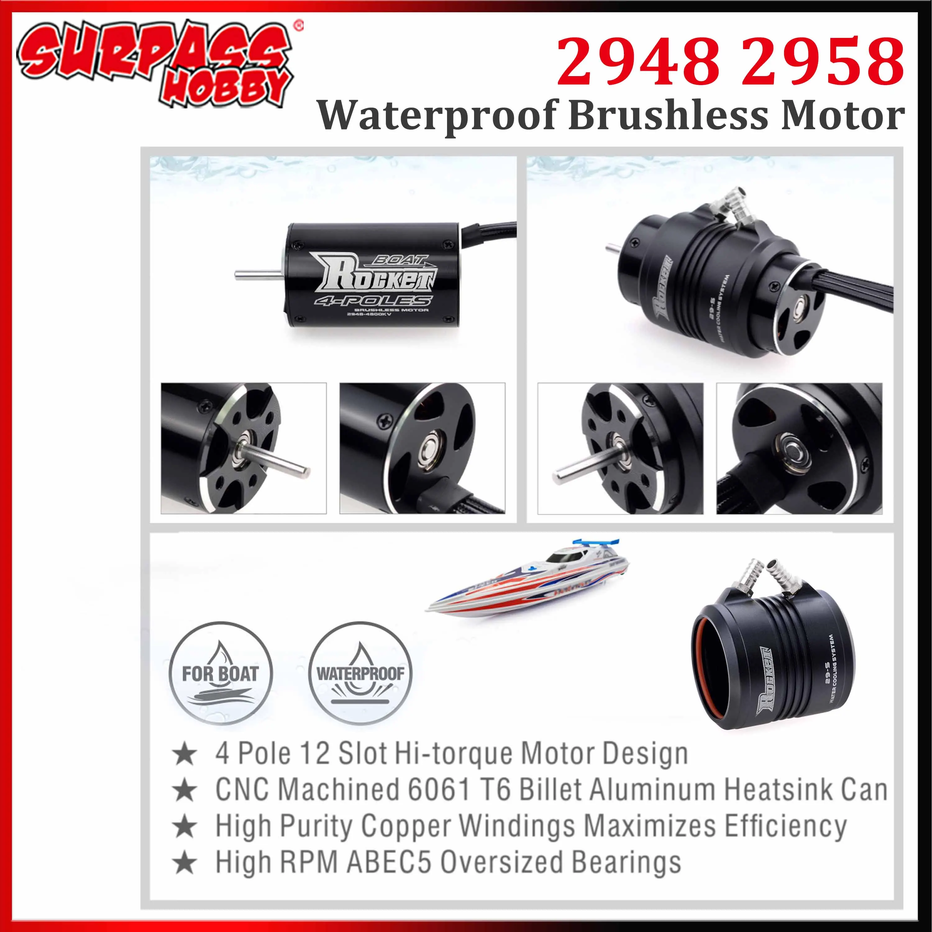 

Водонепроницаемый бесщеточный двигатель Rocket 2948 2958 с водяным охлаждением 29-S для радиоуправляемых лодок 600-800 мм, модели Traxxas Feilun FT011 FT012