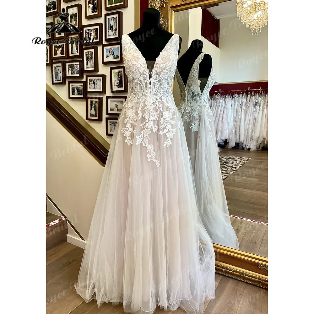 Vestidos Lace Appliques V Neck Blush Pink Sleeveless Beach Bridal Gown 2025 Women Tank Wedding Dress abito da sposa Customzied