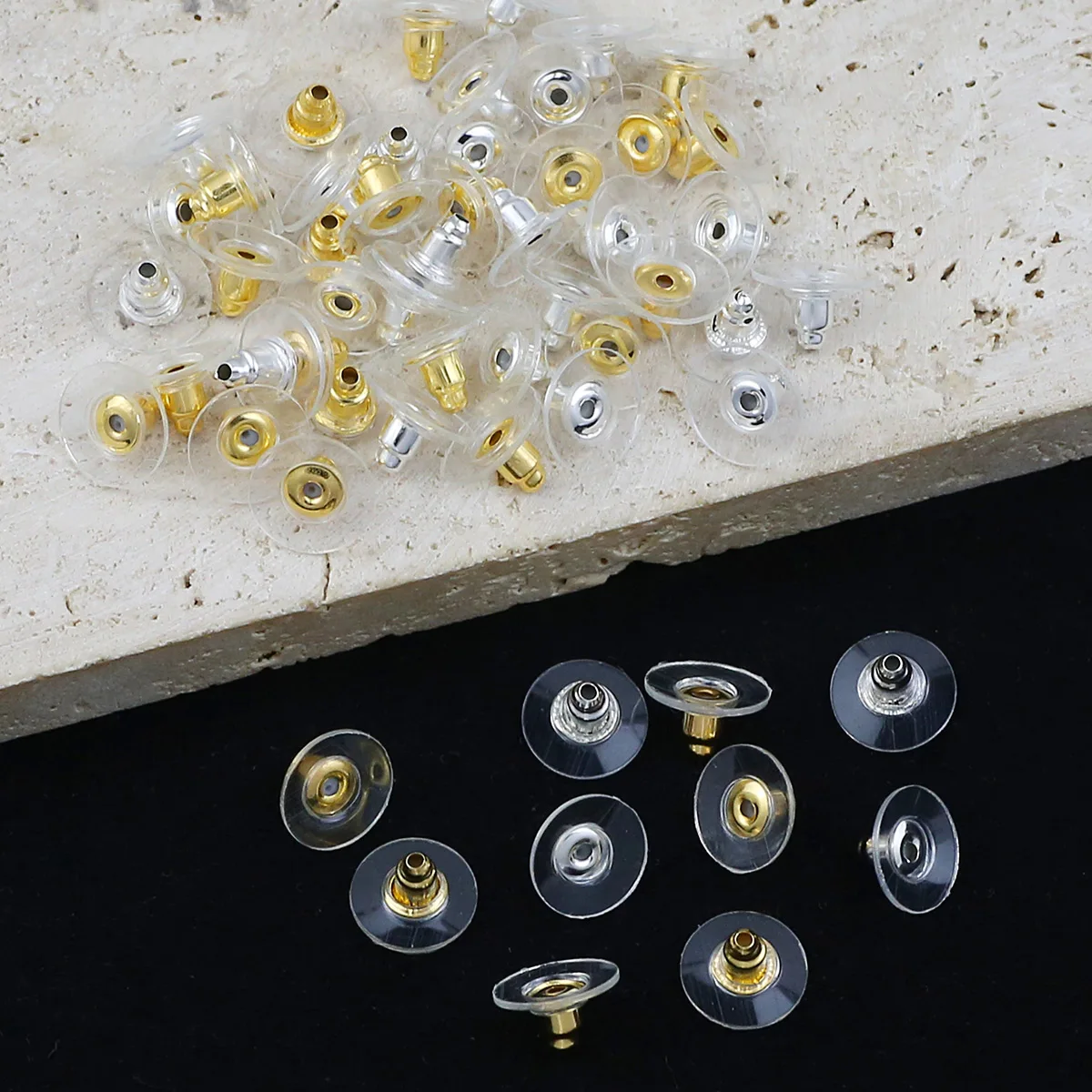 

100pcs Earrings Back Stoppers Jewelry Tool Set, Golden Silvery Flying Saucer Shape Ear Clog, Ear Stud Plug DIY Craft Accessories