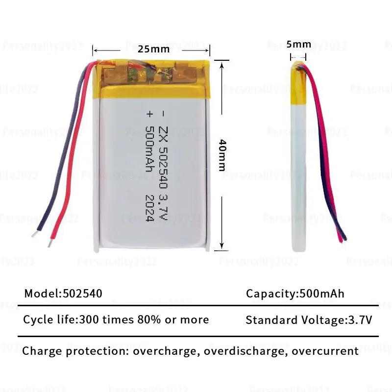 Batería de polímero de litio para adelgazamiento facial, pila recargable para masajeador de espinillas, Li Po 502540, 500mAh, 3,7 V