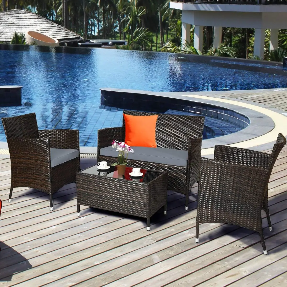 Outdoor/Indoor Wicker Set, Rattan Material, Neutral Tones, Cushioned with Glass Table