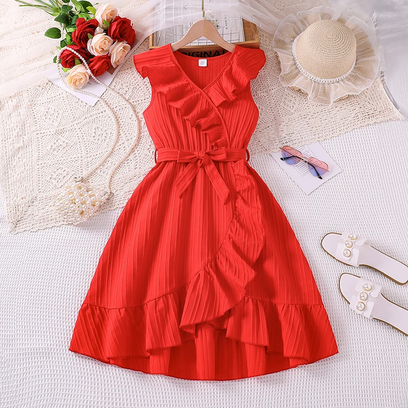 

Kids For Solid Color Irregular Skirt Design & Detachable Belt Stylish Girls Dress Children Vacation Holiday Clothes