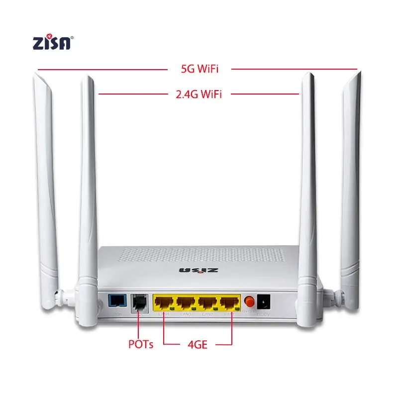 

ZISA WIFI5 ONU OP154AV1 XPON ONT, двухдиапазонный, 4GE+1TEL, 2.4G/5G WIFI5, FTTH X-GPON ONU модем, английская прошивка, оптоволоконное оборудование