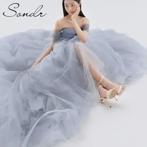 Sondr 한국 웨딩 드레스,페어리 블루 웨딩 드레스 한국어 맞춤형 오프 숄더 라인 우아한 웨딩 스냅 드레스 리셉션 드레스 2025
