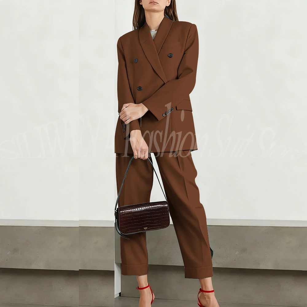 

Формальные коричневые костюмы для женщин, двубортные комплекты из 2-х предметов, куртка, брюки, женская одежда, облегающие офисные банкетные женские пиджаки, комплекты