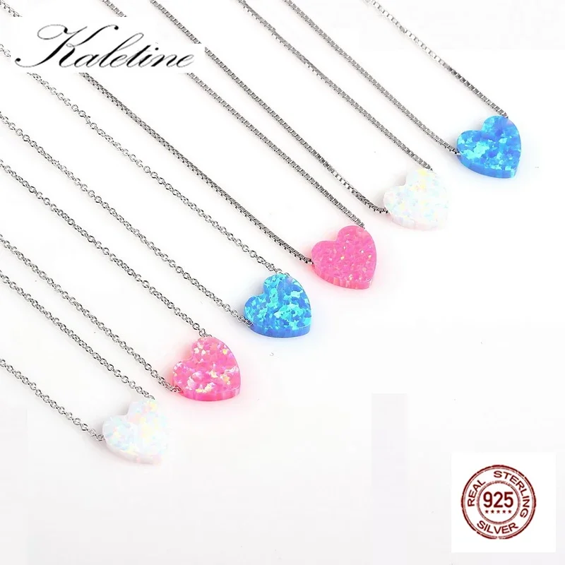 

KALETINE 925 Sterling Silver Necklaces Created Opal Pendant Heart Shaped Opal Accessories Women Jewelry Long Necklace