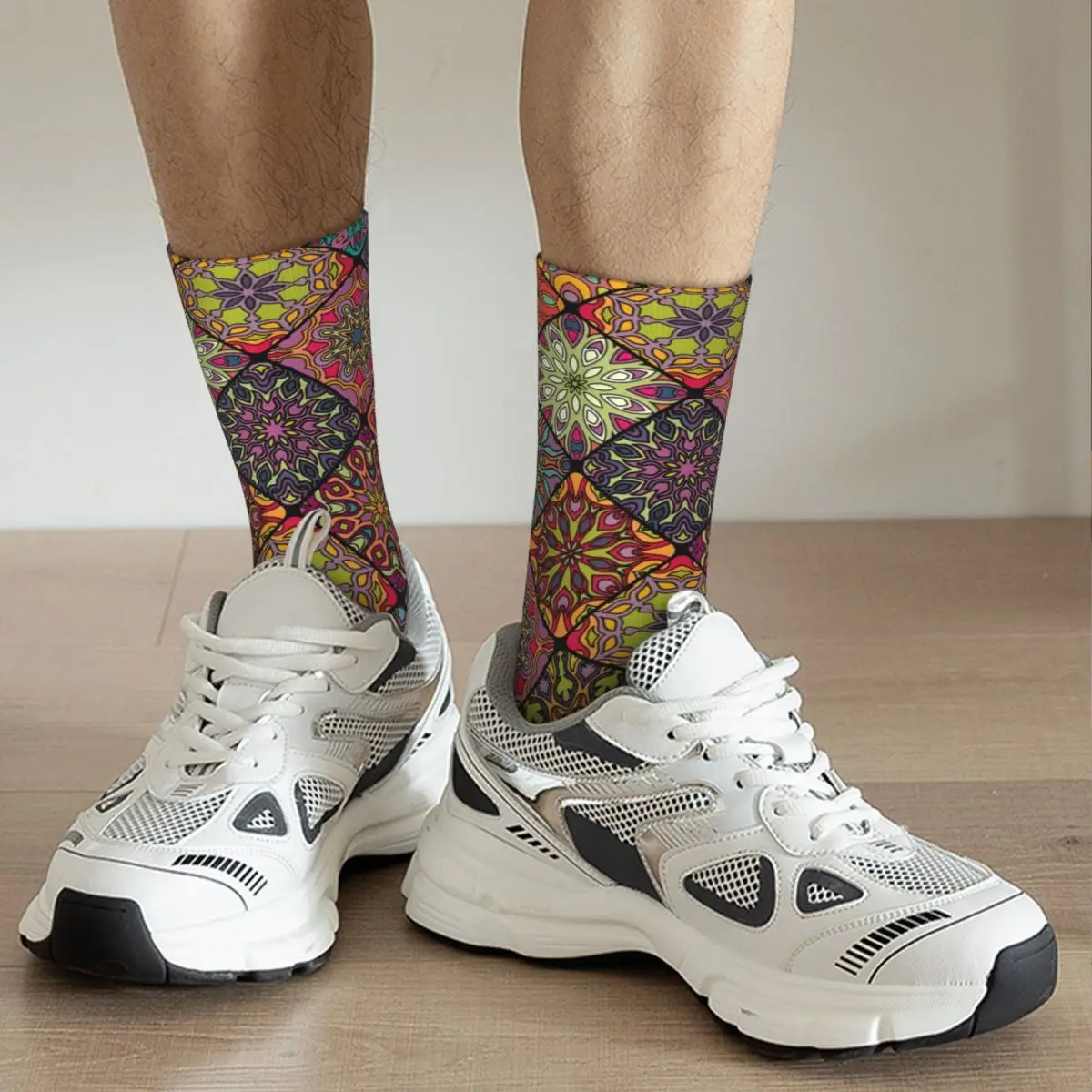 Crazy Compression Diamond Mandala Sock para Homens, Crew Sock, Novidade, Harajuku, Mandala, P10, BOHEMIAN-VINTAGE, Qualidade