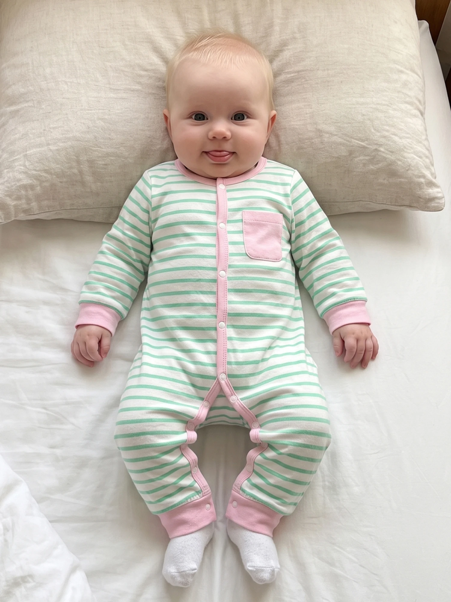 Fall-Romper-Stripe Baby-Girl-Fall Long Neck-Long-Sleeve Romper Baby Girl Stripe-Contrast-Color Crew Neck High Quality