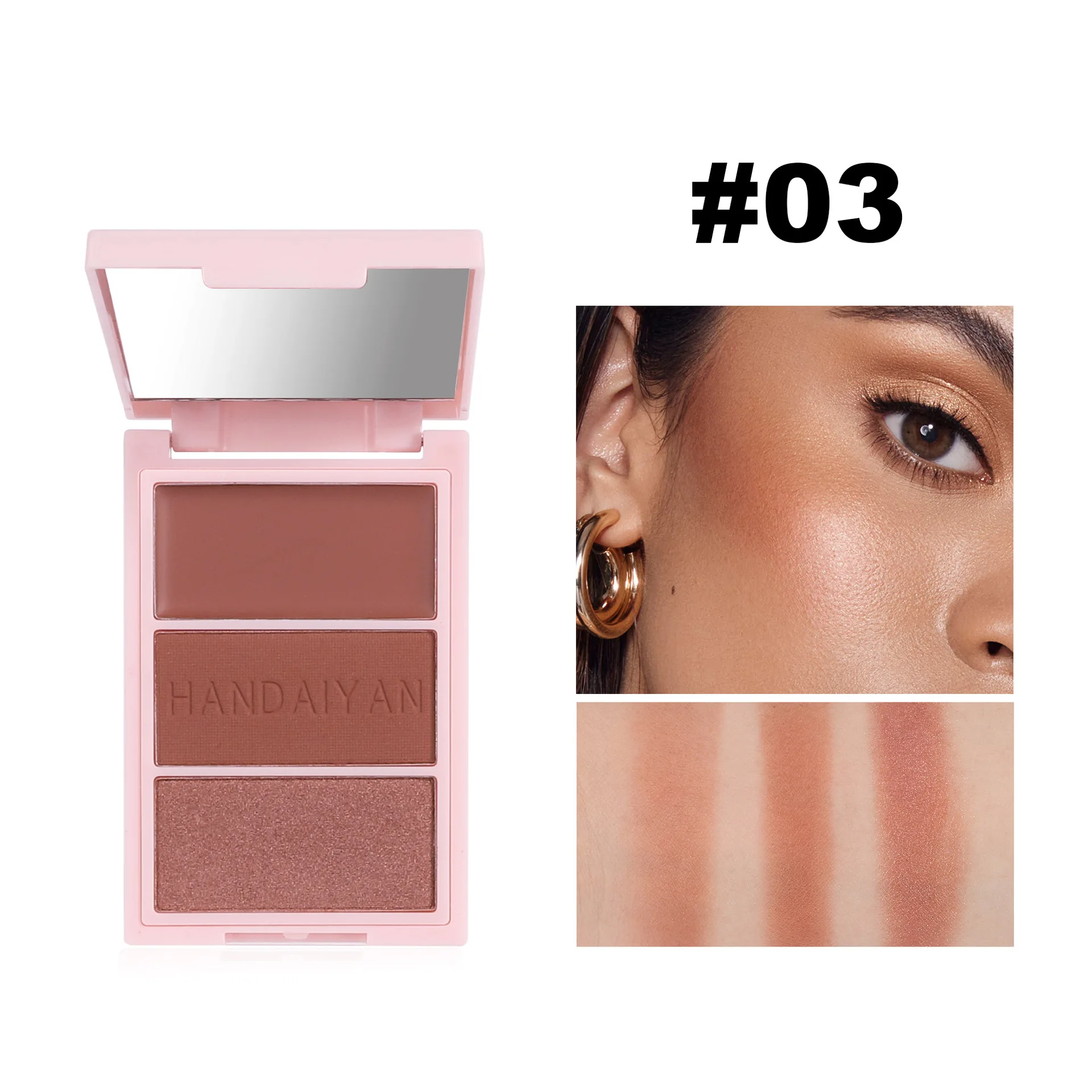 HANDAIYAN 3-in-1 Blush Palette Viso Illuminante Evidenziatore Contorno Trio con Ombretto Tonalità Trucco Compatto per Bagliore Naturale