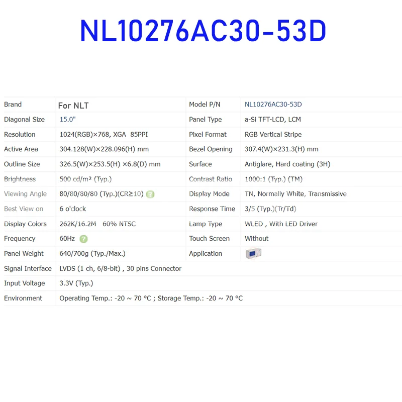 Painel de tela LCD para NLT, NL10276AC30-53D, original, novo, 100% testado, 30 pinos, 15,0 em