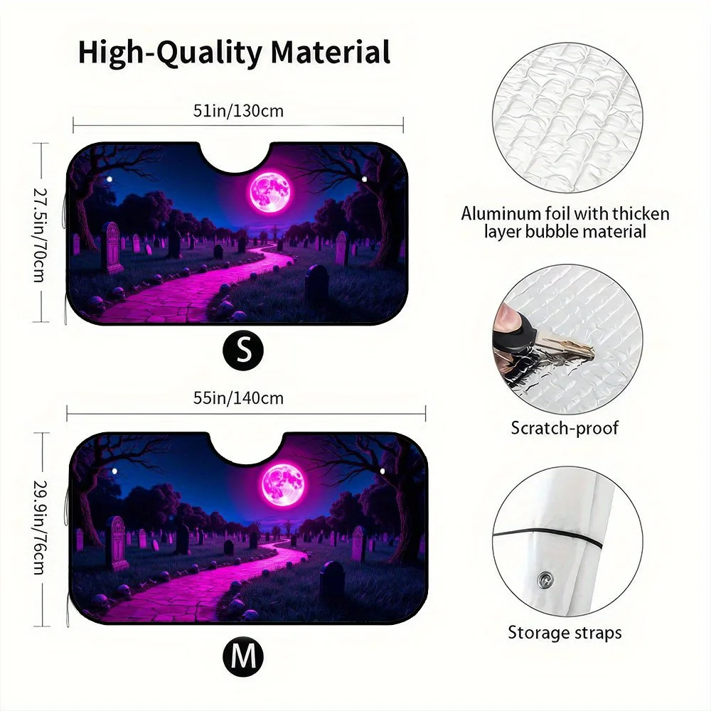 1pc, Foldable Halloween Car Windshield Visor Featuring Halloween Pink Moon Gothic Cemetery Skulls Art Design, A Perfect Seasonal