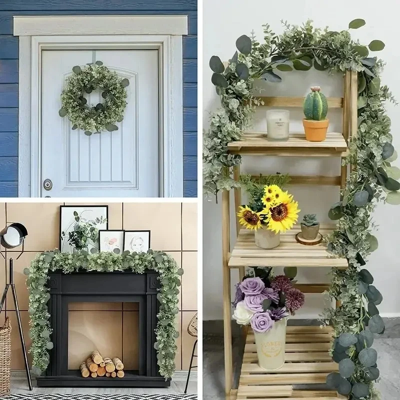 1 Stück künstliche Eukalyptusblätter, grüne Girlande, künstliche Pflanzen, Frühlingsreben mit weißen Blumen, Beeren für Hochzeit, Zuhause, Party, Deko – Detail 11