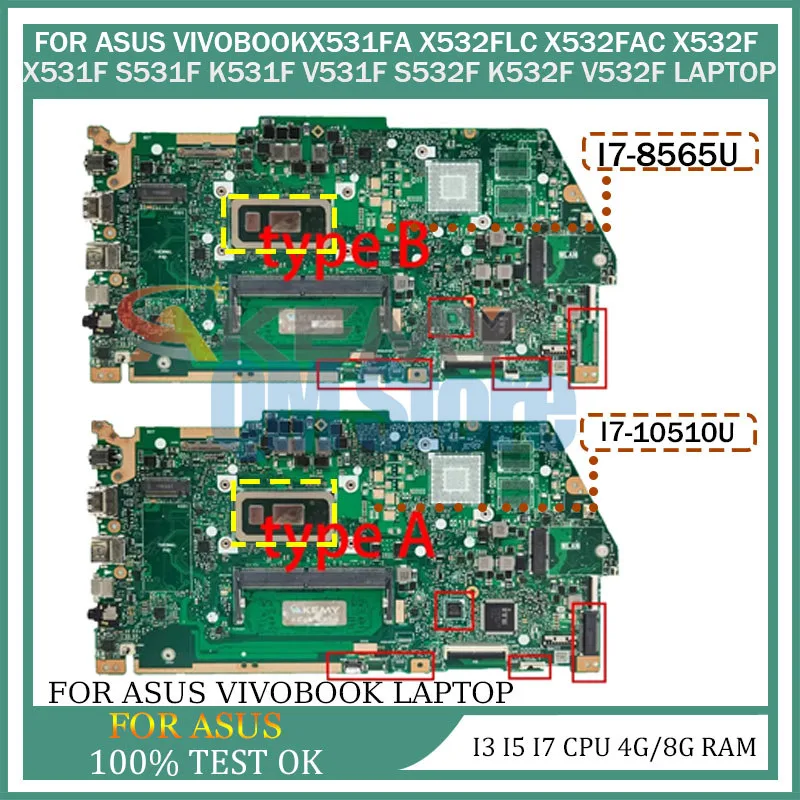 

Laptop Motherboard For Asus VivoBook X532FA X531FA X532FAC X532FLC X532F X531F S531F PC With i3 i5 i7 8th/10th CPU 4G/8G RAM