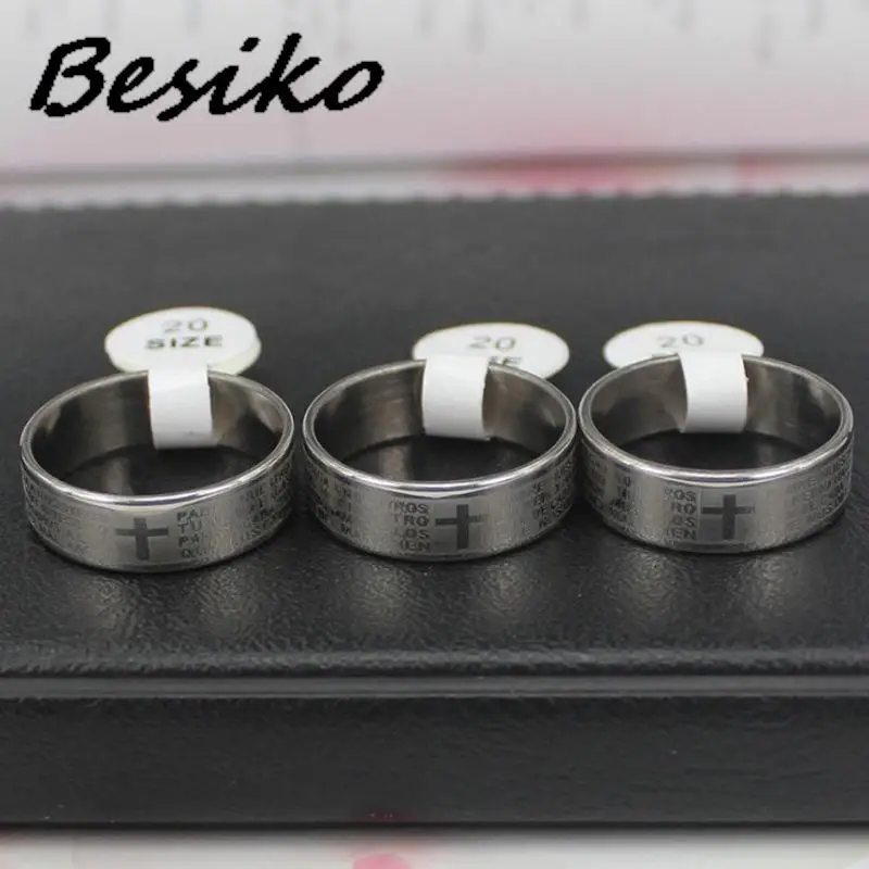 Besiko 2023 8mm Black Spanish Bible Prayer Cross Men Rings Stainless Steel Christian Women Rings Birthday Gifts Wholesale