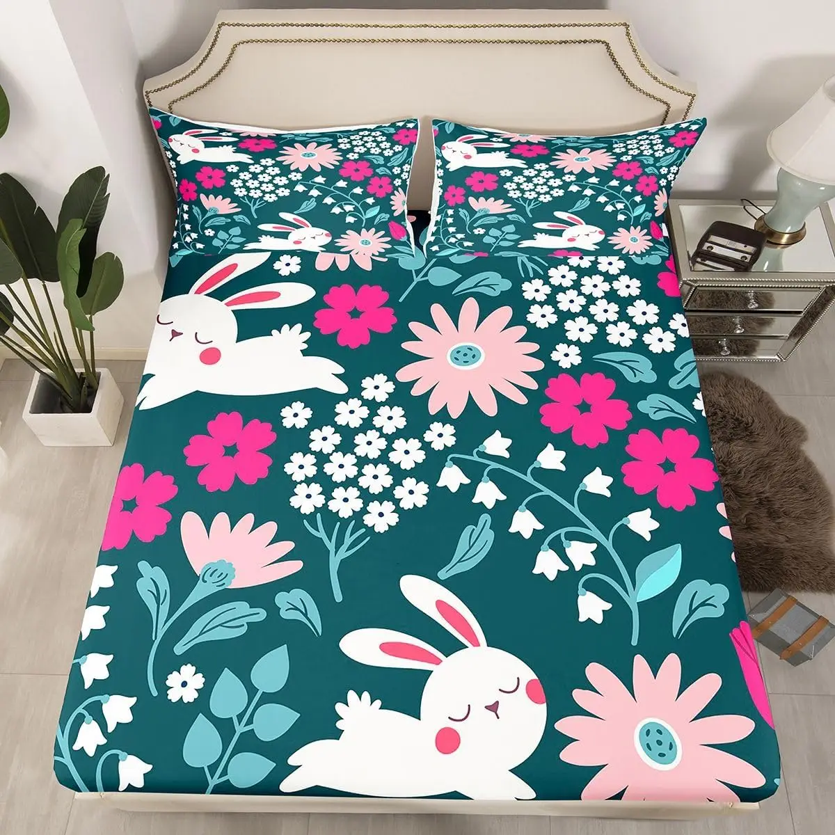 Kawaii Rabbit Fitted Sheet Twin King Lovely Cartoon Bunny Bedding Set Easter Decor Botanical Floral Bed Sheets for Girls Women