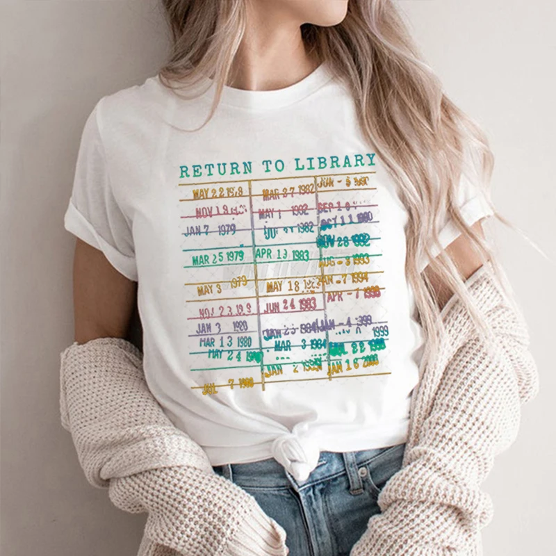 

Library Book Classic Tops Vintage Book Due Date Bookish Rainbow Reading T-Shirt Return To The Library Graphic Women's Clothing