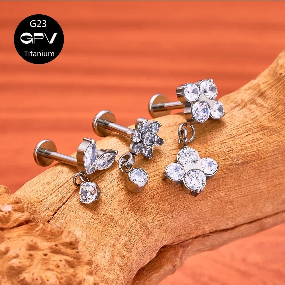 

2PCS G23 F136 Titanium Flower CZ Ear Cartilage Nail Electroplated 18K Gold Ear Nail Women's Perforated Jewelry