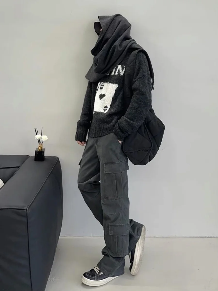 

Ascheo American Sle Faded Denim Pants Мужские прямые брюки для спецодежды с множеством кетов Длинные джинсы Clean Fit