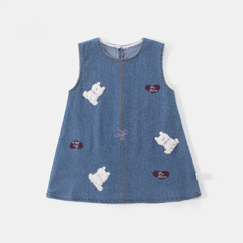 

Girls' Spring and Summer New Denim Vest Dress, Fashionable and Stylish Dress, Baby Embroidered Cartoon Sleeveless Dress, Trendy