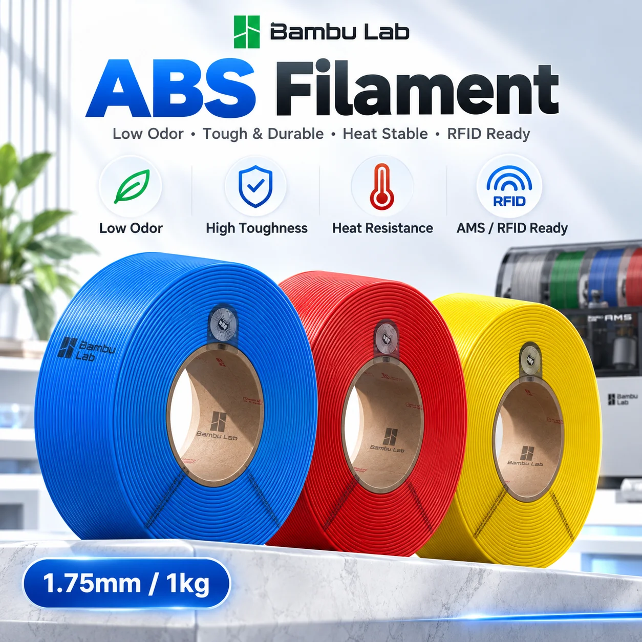 Bambu Lab ABS Filament Refill 1.75mm 1kg Low Odor Tough Heat Resistant RFID Ready for AMS 3D Printer