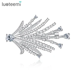 LUOTEEMI Luxury Big Leaves Shape Brooch for Women Full Stunning CZ Paved Dress Brooches Pins for Girl Wedding Bride Accessories