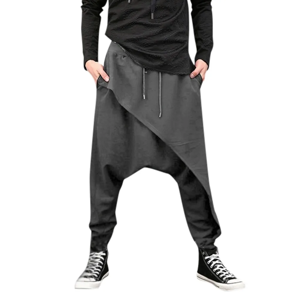 Men\'S Casual  Pants Irregular Hem Loose Solid Color Yoga Hip Hop Trousers Wide Leg Harem Pant Fashion Cropped Pantalones 2024