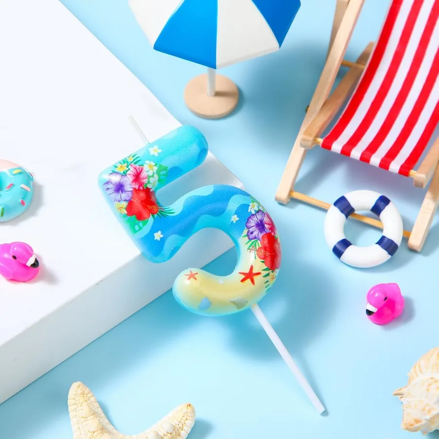 하와이 테마 생일 숫자 양초 소녀들을 위한 바다 생일 파티 양초 열대 케이크 토퍼 오션 테마 장식 블루 루아우