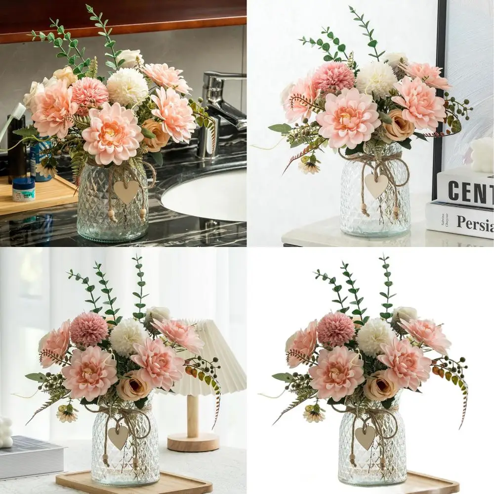 

3-Piece Set: Vase with Pink Dahlia Silk Flowers for Home Decor, Living Room & Bathroom Plant Décor