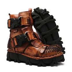 Botas de motocicleta de couro genuíno masculinas, botas de combate militar, sapatos quentes punk desert veludo, nova moda