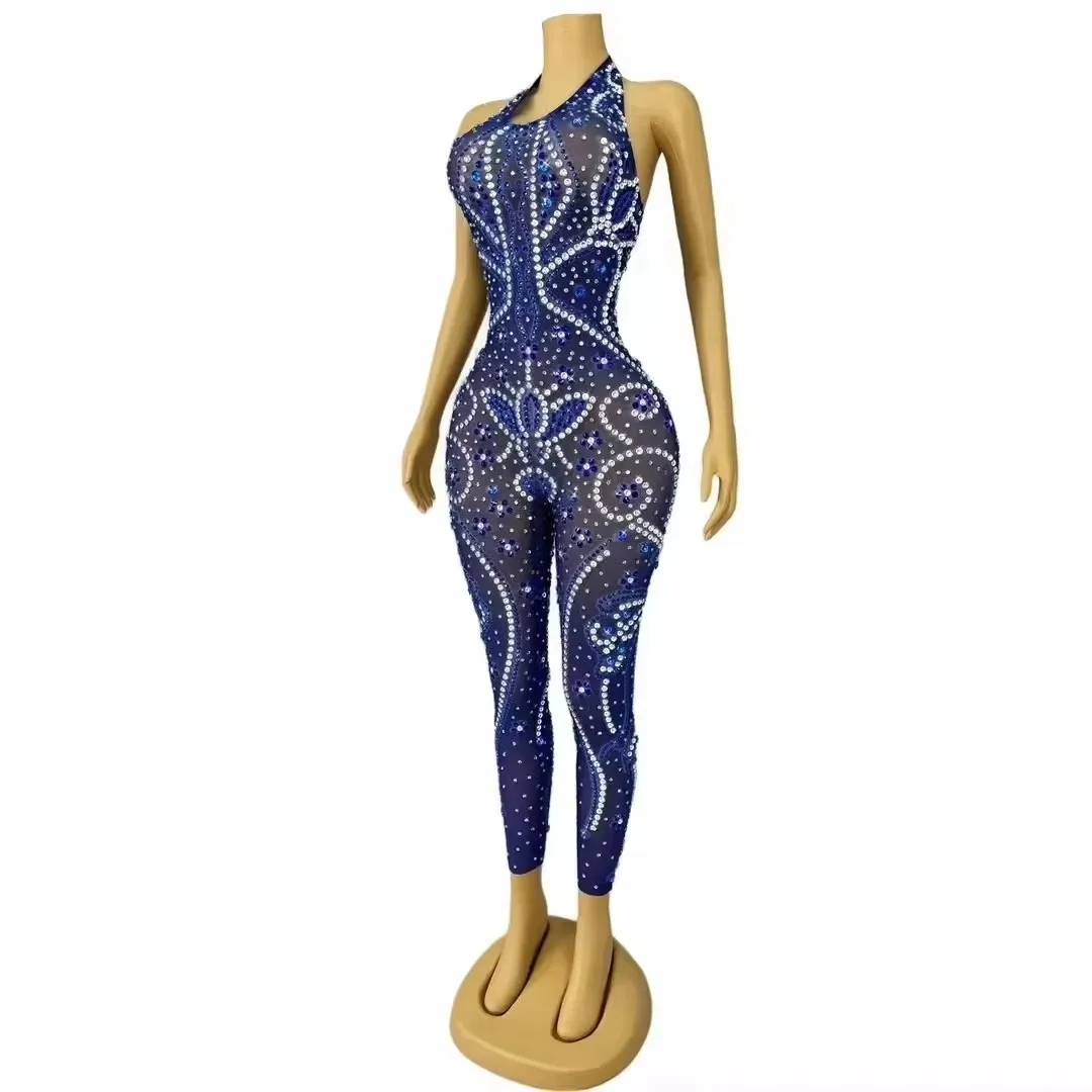 Tuta di lusso con strass blu Maglia con scollo all'americana Backless Party Nightclub Pagliaccetti sexy in cristallo trasparente Costume da ballo di scena per donna