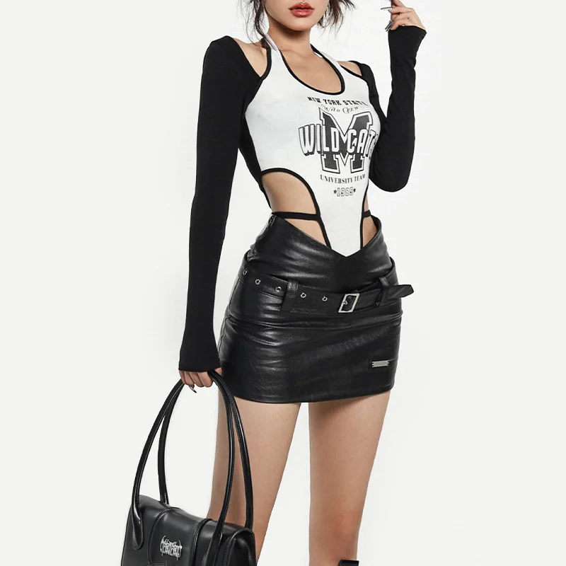 Sexy Tight High Waist A-line Mini Skirt with Belt Gothic Fashion Black PU Leather Skirt Women Autumn