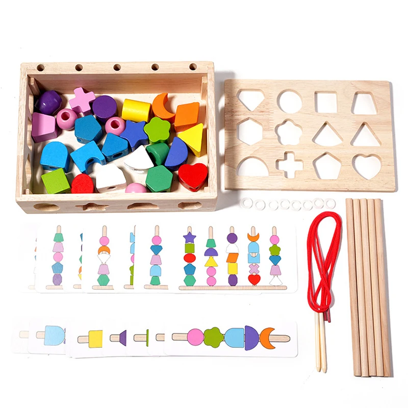 Montessori Colorful Beaded Color Shape Cognition Matching Puzzle Game Lacing Beads Wooden Toys Stacking Blocks Kids Fun Gifts