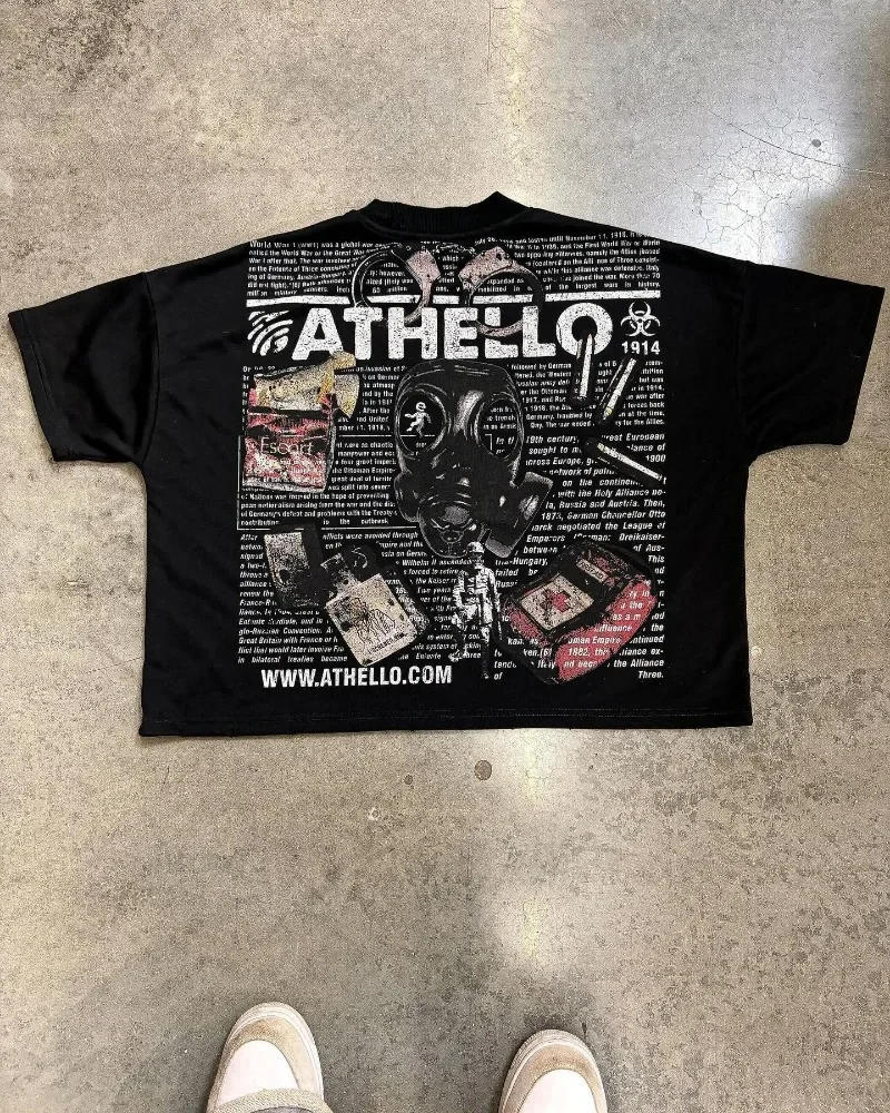 

Y2K retro new hip -hop street clothing oversized pattern printing men short -sleeved casual cotton loose men and women top