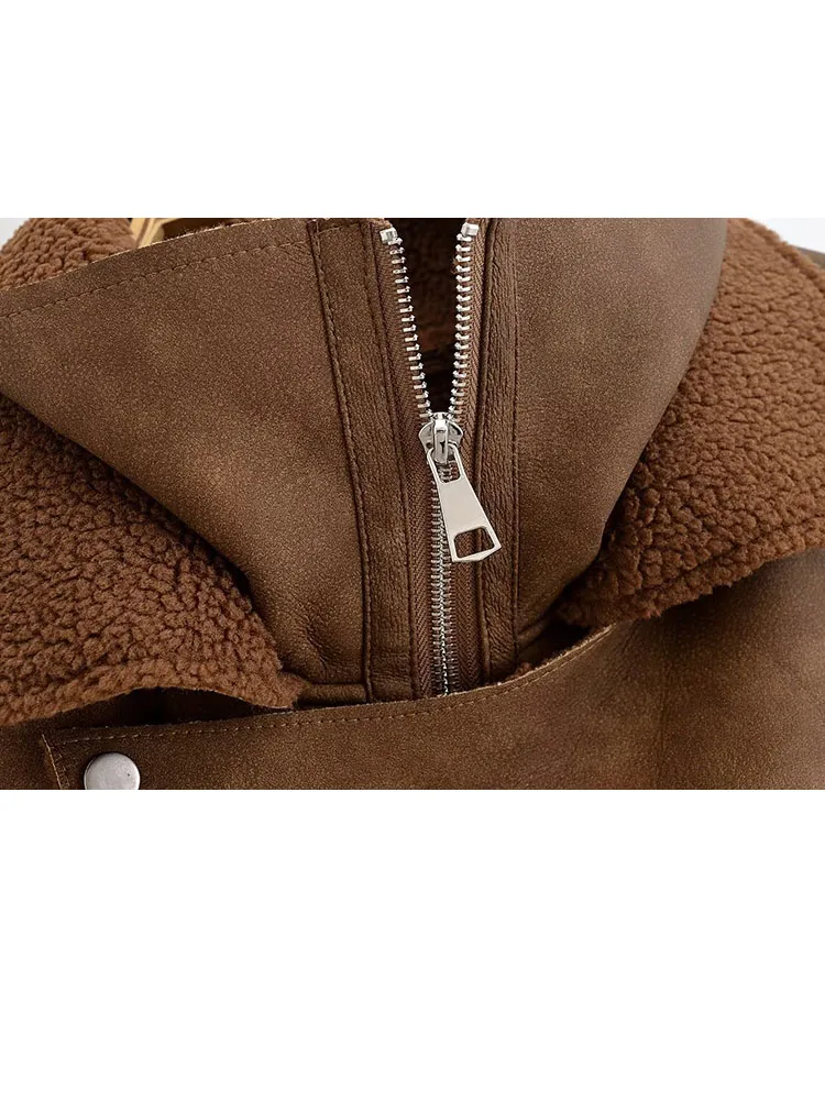 

HH женская зимняя свободная универсальная меховая цельная куртка с лацканами, женская модная теплая мотоциклетная куртка с длинными рукавами в стиле ретро