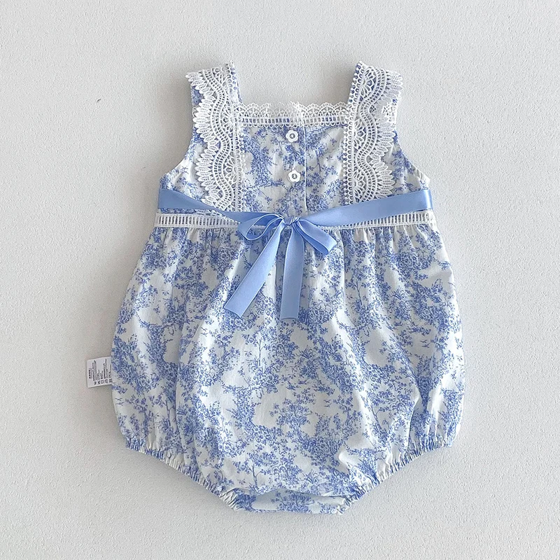 2024 New Summer Newborn Baby Girl Romper Sleeveless Cotton Printing Lace Splicing Infant Baby Girls Jumpsuit 0-24M Baby Clothes