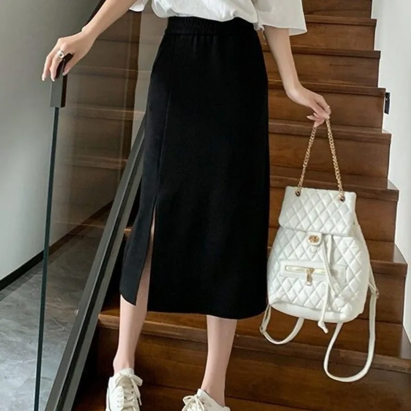 Spring Summer Women's Clothing Elastic High Waisted Solid Color Vacation Elegant Straight Short Knee Preppy Style Vintage Skirts