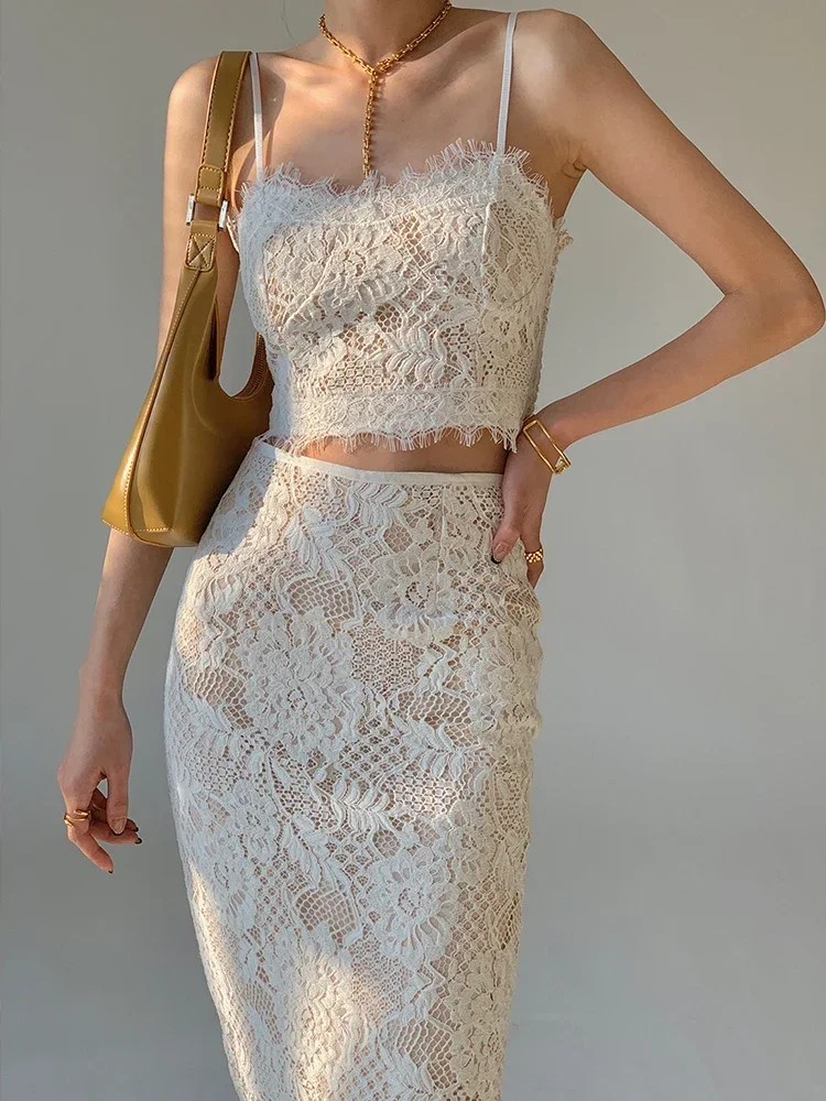 White Lace Cropped Tops + High Waisted Skirts for Women Two Piece Sets Hook Flower Hollow Elegant Vintage Street Skirt Set