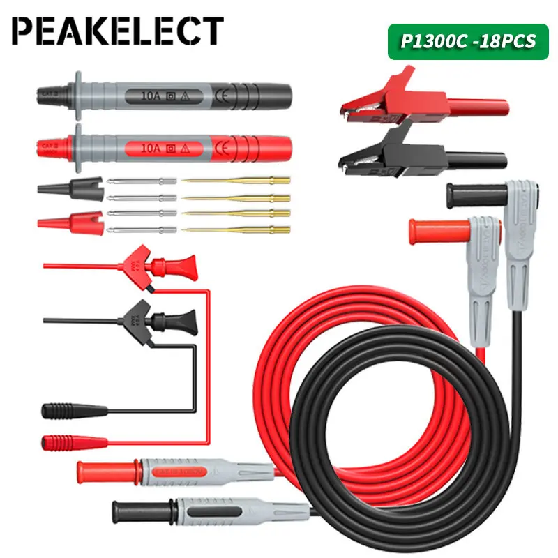 Peakelect  P1300C 18PCS 4mm Banana Plug Multimeter Test Leads Kit Replaceable Multimeter Probe Test Hook Cable Alligator Clip