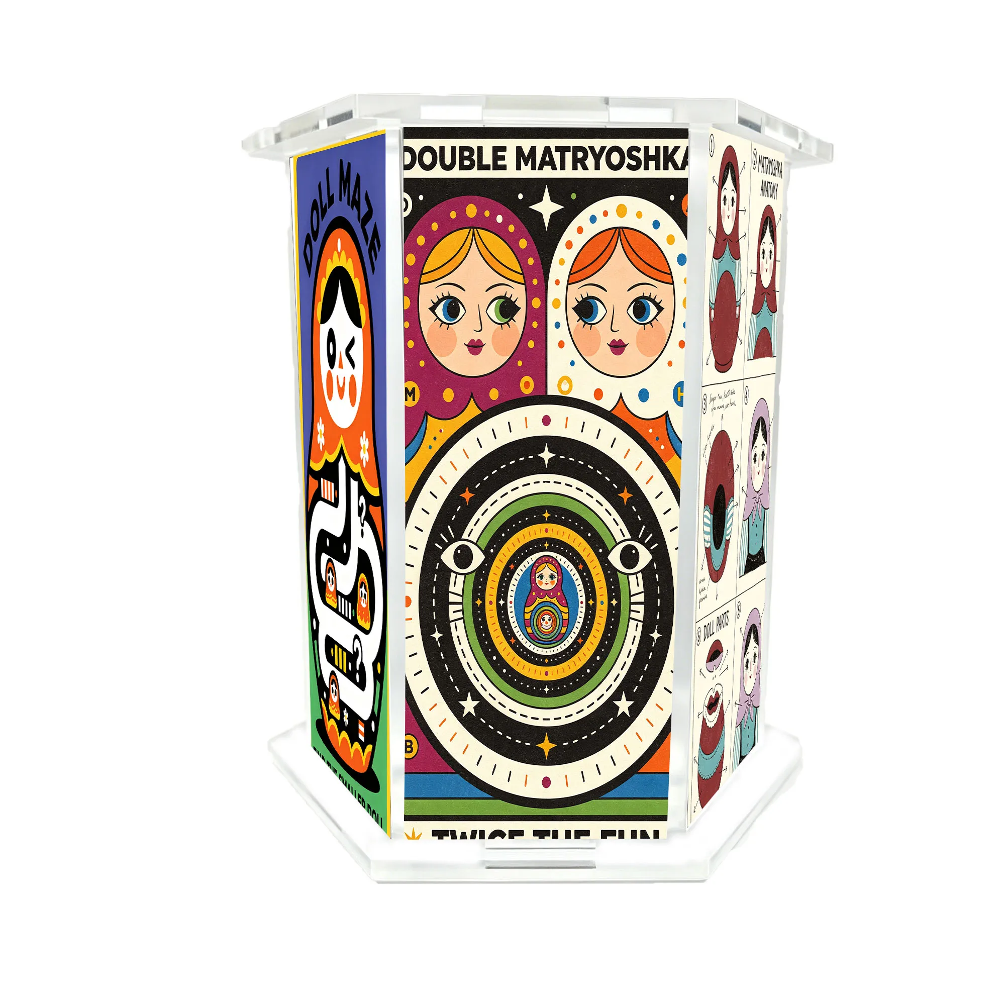 Retro collage Matryoshka pattern geometric contrast color Matryoshka design pen holder