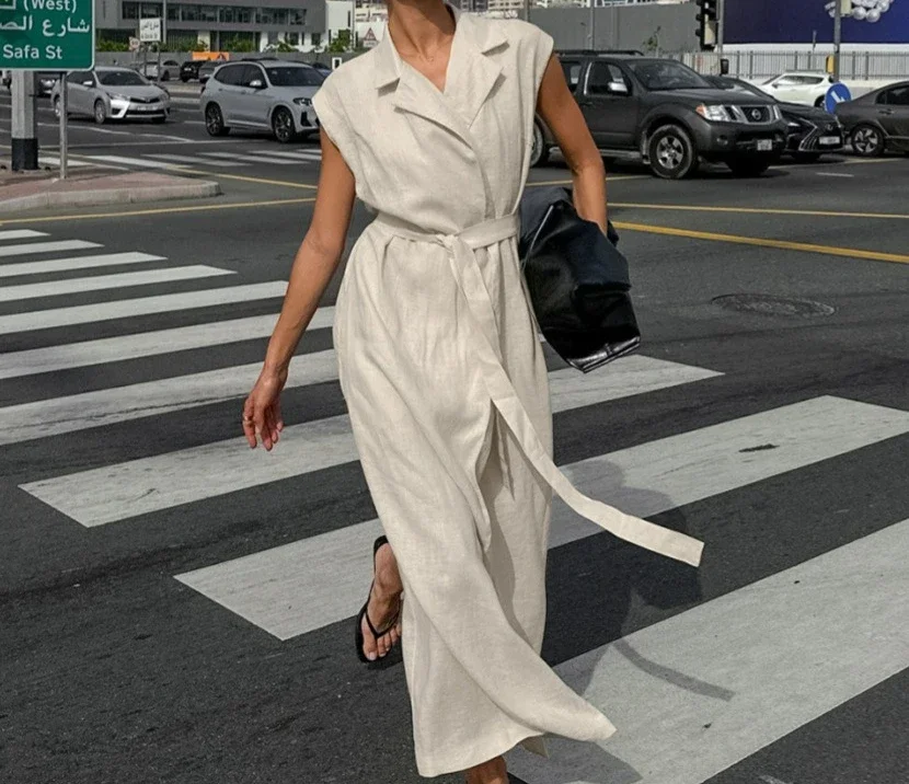 

2025 Temperament Cotton and Linen Collar Belt Commuting Dress Spring and Summer Fashion New Style Long Skirt