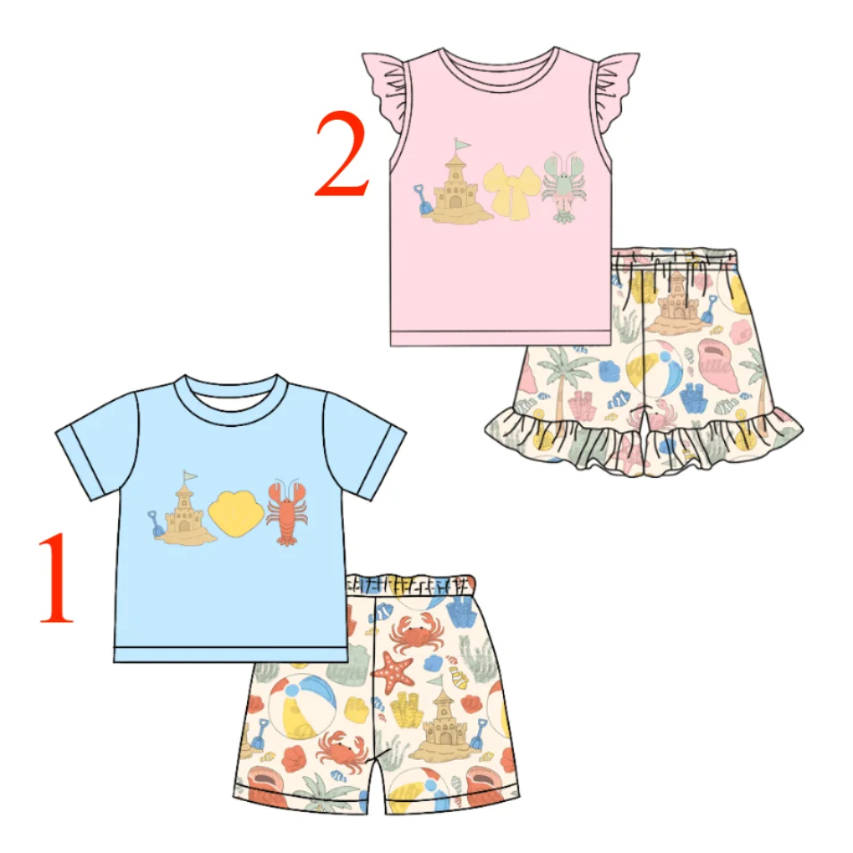 

Beach Shell Print Boys Blue Girls Pink Short Sleeve Shorts Summer Milk Silk Material Exquisite Hot Sale Children's Suit