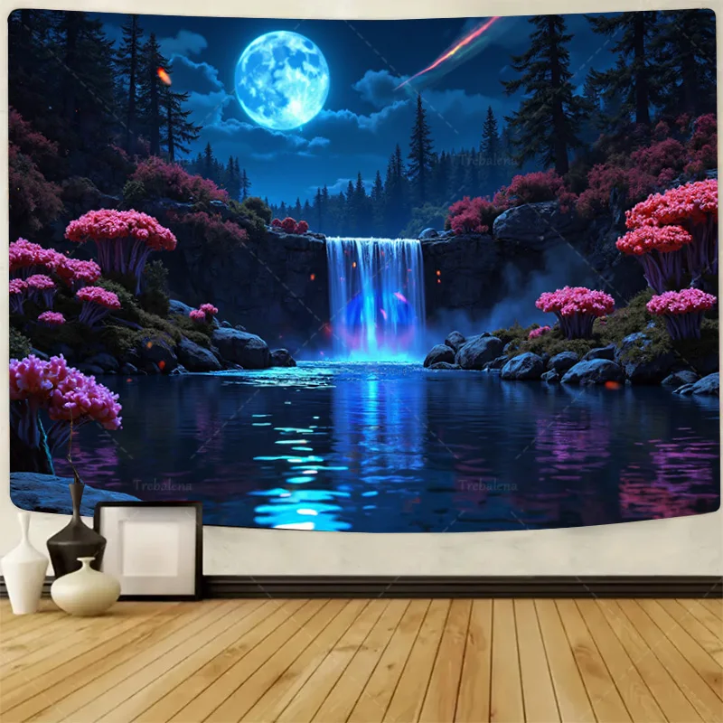 

1шт настенный гобелен "Митический лунный гобелен-водопад со светящимися цветами и лесной сцена"