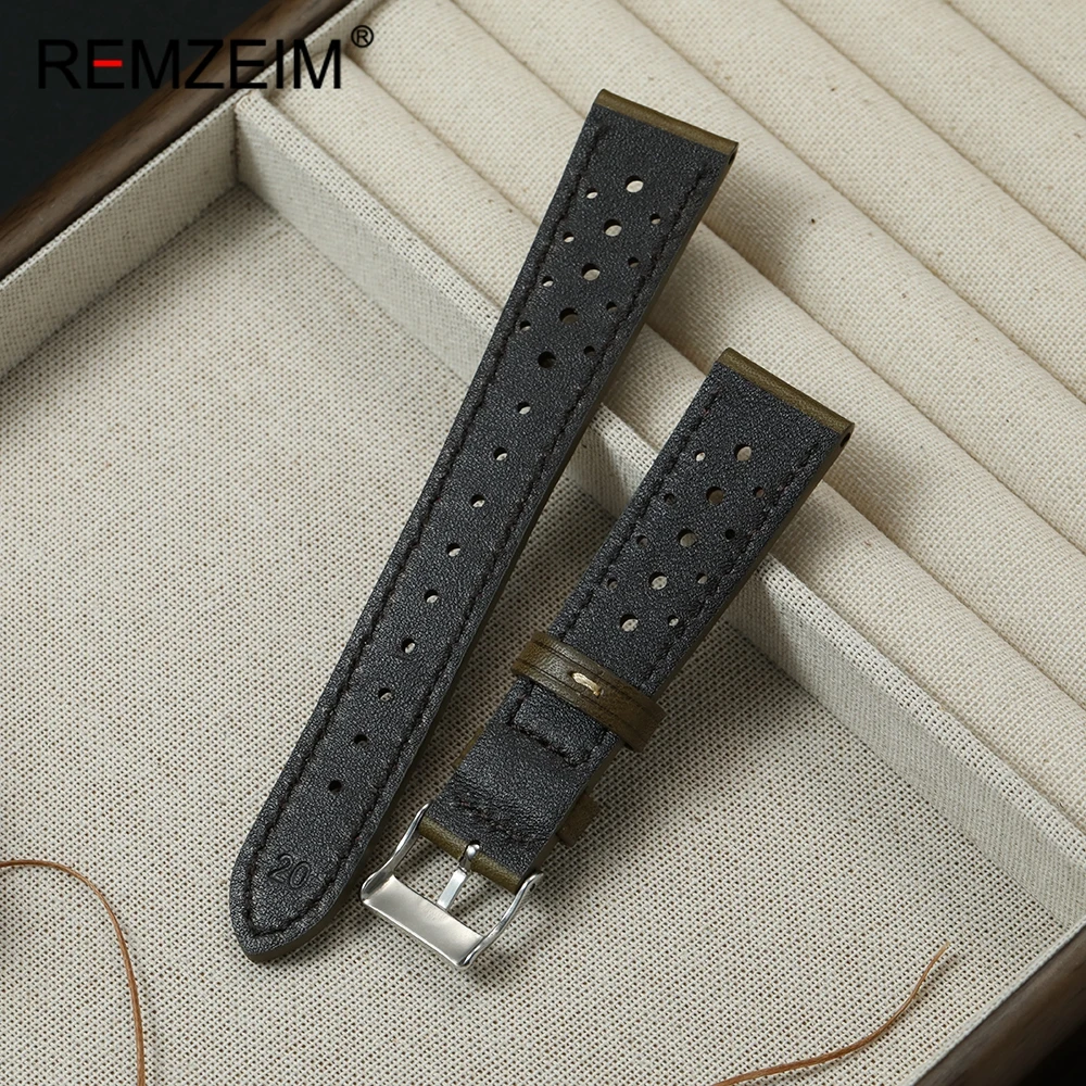 Pulseira de couro artesanal vintage, design respirável, 20mm 22mm, substituição universal, pulseira de relógio de pulso