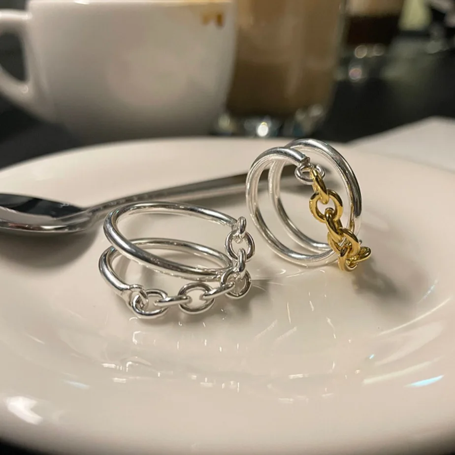 Japanese Simple Personality 925 Sterling Silver Chain Design All-match Hand Jewelry Ring Female Two-color Luxury