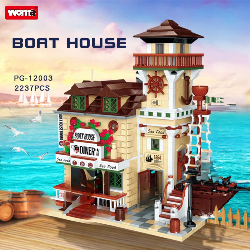 

Woma Brand Old Fishing Store Houseboat Restaurant Model House Building Blocks Kids Toys Educational Bricks Gifts