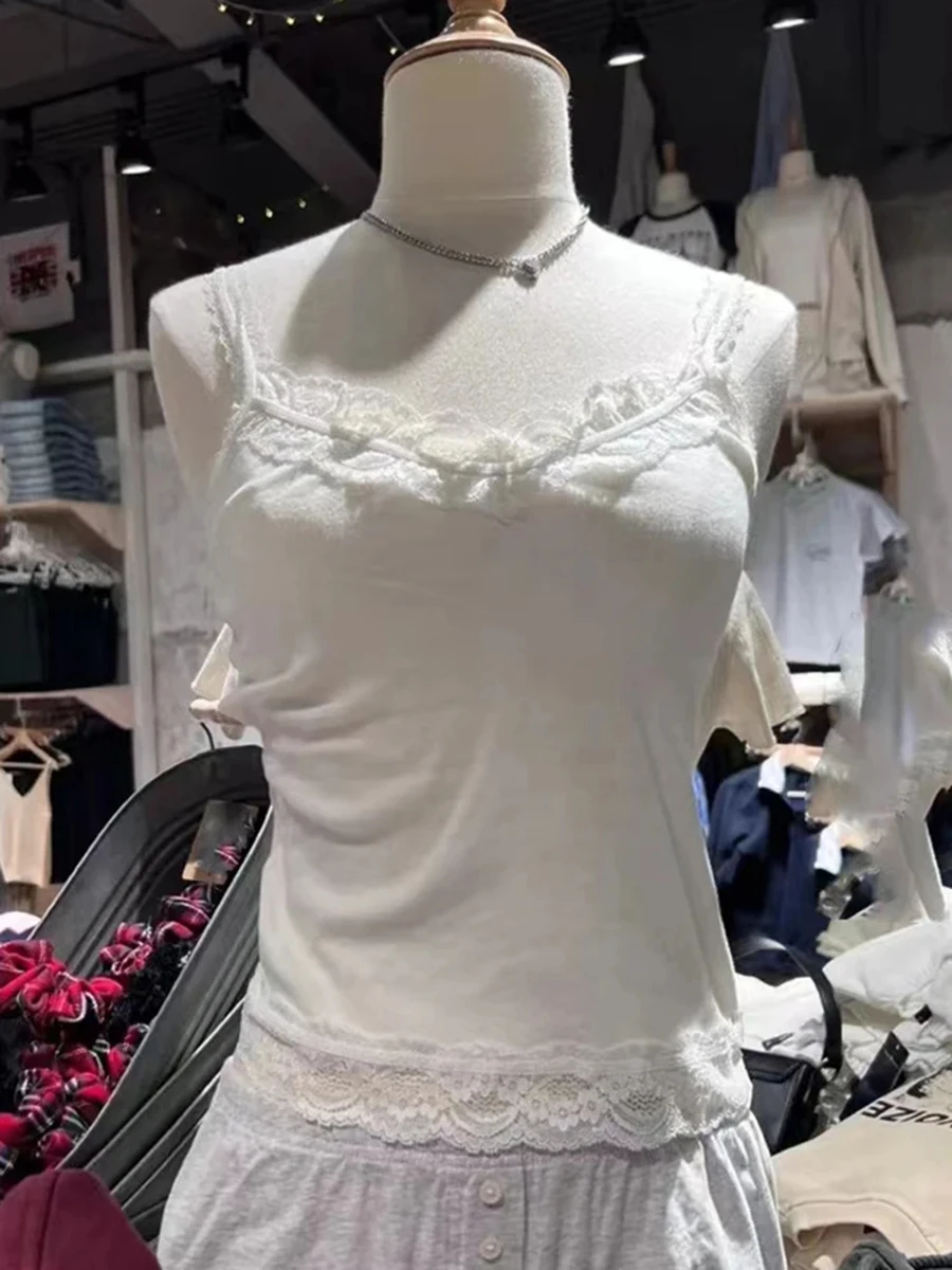 Süße Spitze Patchwork Schlank Tank Tops Frauen Sommer Weiß Sexy Einfache Baumwolle Weiche Ärmellose Westen Weibliche Vintage Chic Y2K Leibchen – Detail 7